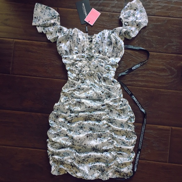 WHITE FLORAL SATIN RUCHED BARDOT BODYCON DRESS - Picture 2 of 3